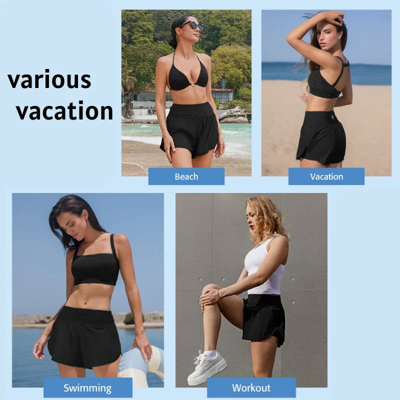 Women Swimming Trunks High Waist Wide Waist Band Side Split 2 in 1 Gym Yoga Fitness Shorts with Pockets Tankini Bottom